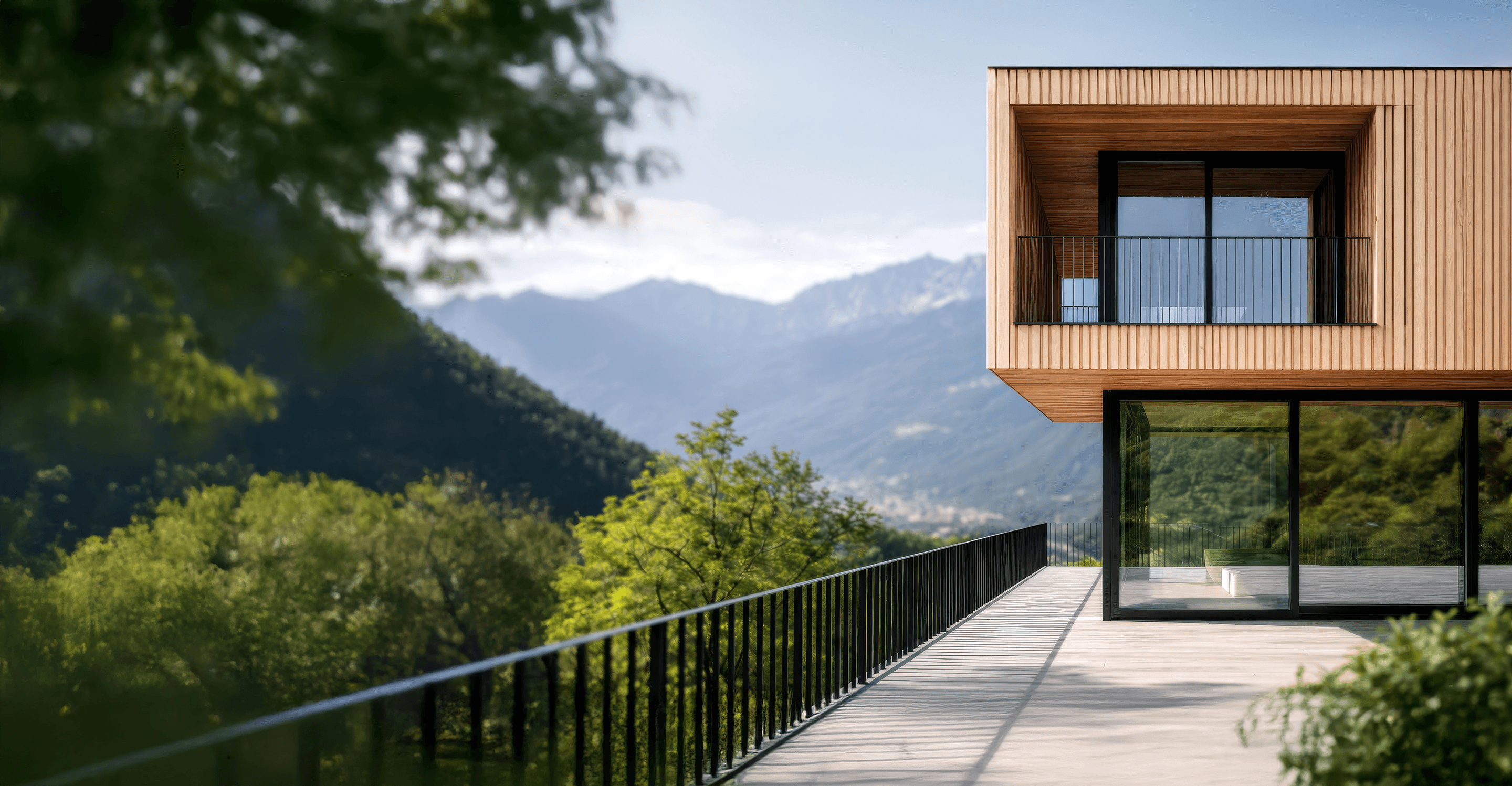 Modern building and mountain landscape