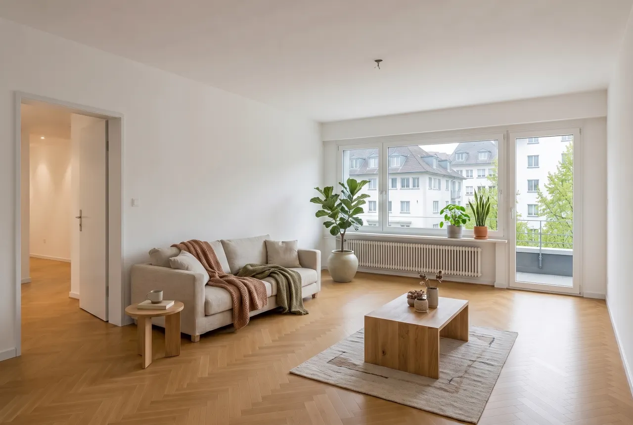 Wohnzimmer nach der Aufbereitung mit dem AI Marketing Studio: virtuell möbliert und einladend inszeniert