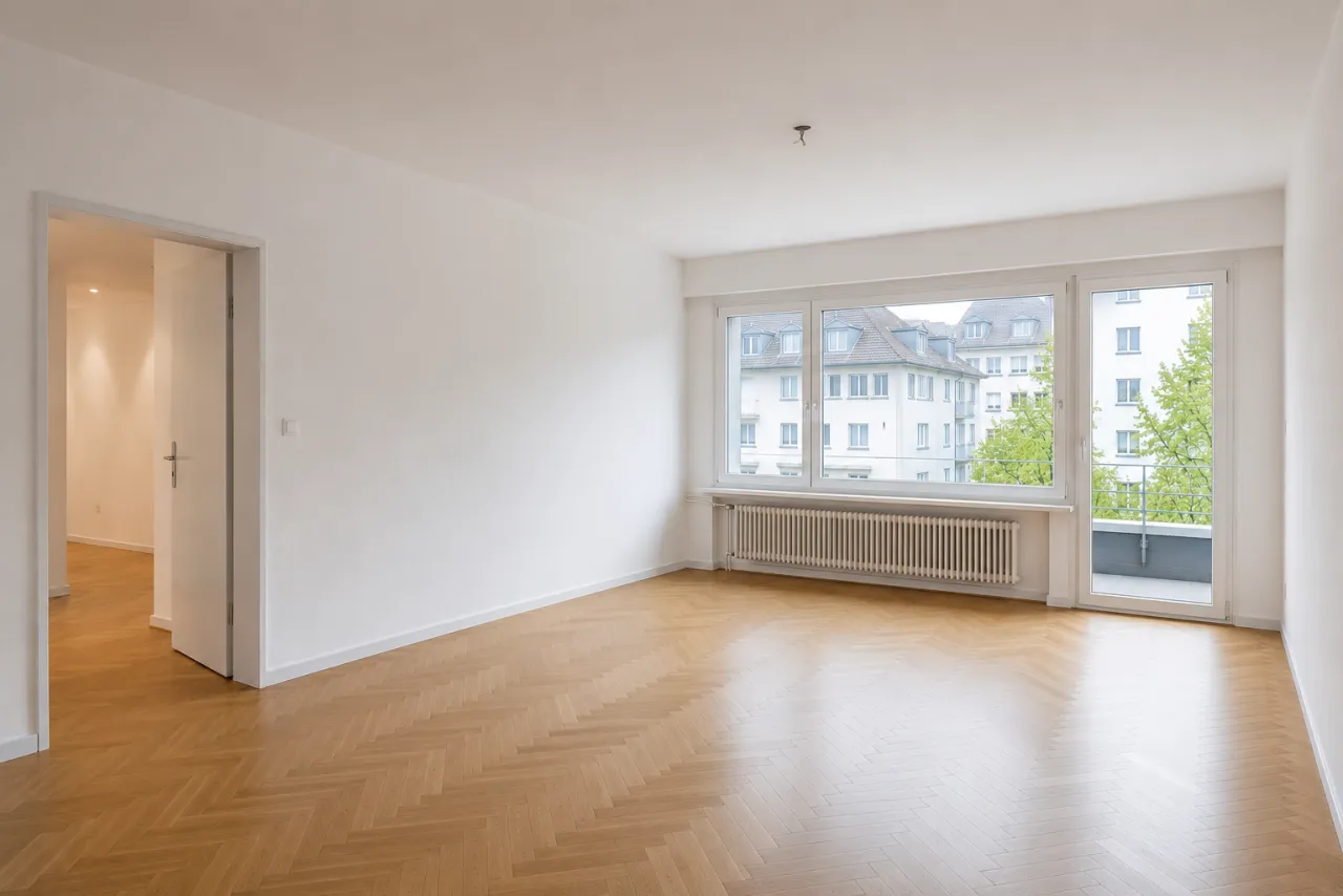 Dasselbe Wohnzimmer vorher: leer und unmöbliert